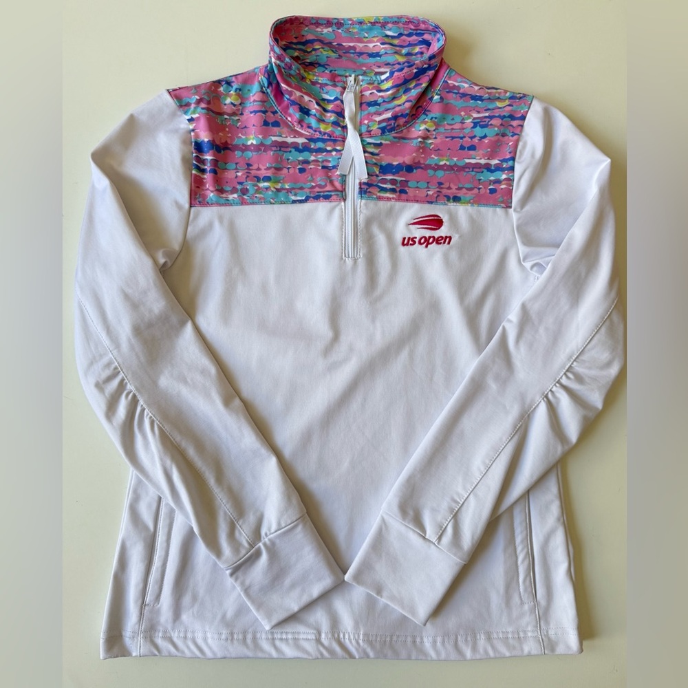 US Open Garb Girls  1/4 Zip Sweatshirt - White / Pastel Trim- Junior XL (11-12Y)